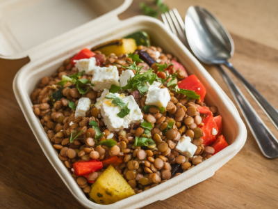 Quelle astuce simple pour préparer une salade tiède de lentilles, feta et légumes rôtis à emporter